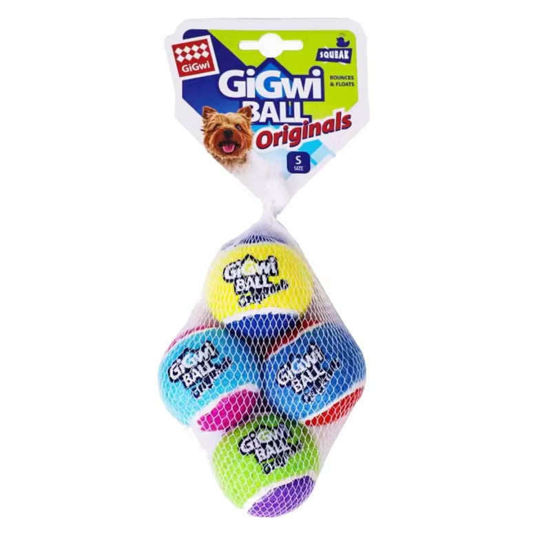 A 4-pack of small 5cm high-bounce squeaky dog tennis balls made from bite-resistant non-toxic rubber for puppies and small breeds.