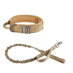 Desert Khaki adjustable nylon tactical collar for large dogs paired with an elastic shock-absorbing training leash.