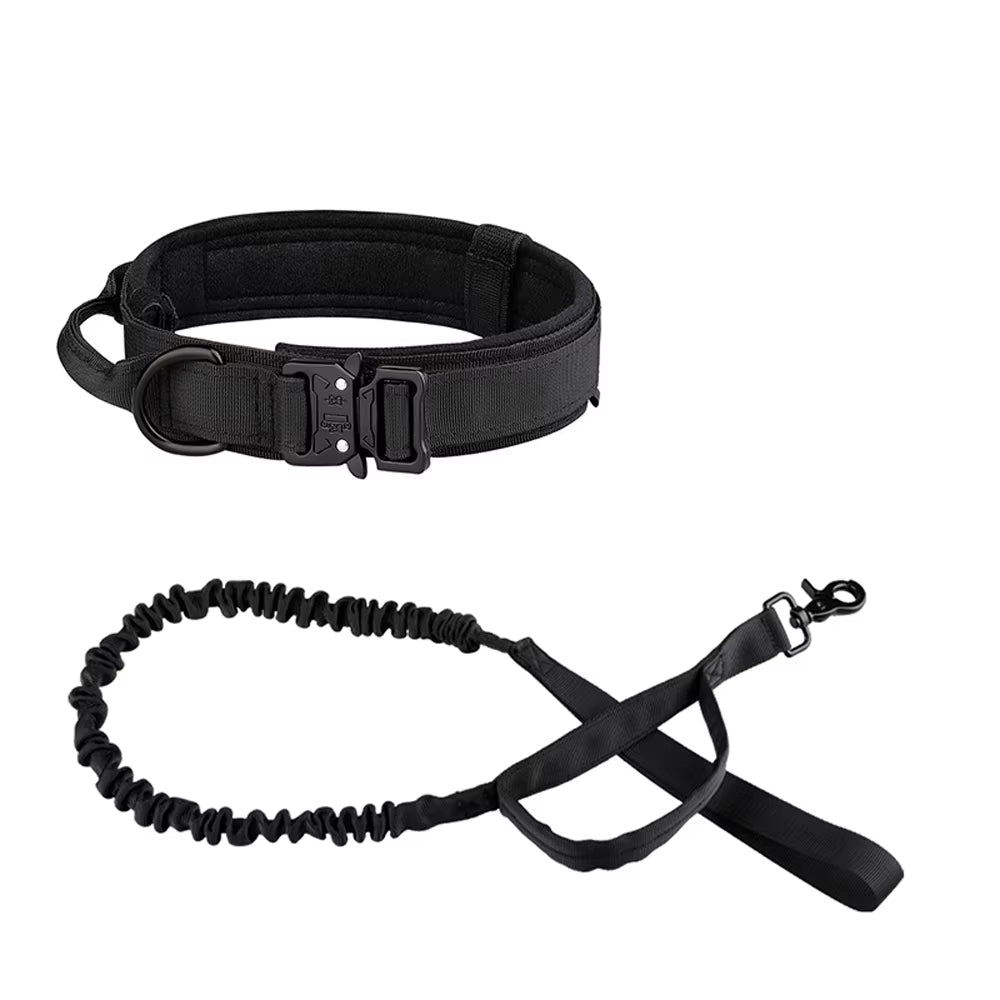 Stealth Black heavy-duty tactical dog collar with control handle and matching shock-absorbing bungee leash on a white background.