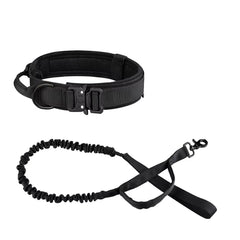 Stealth Black heavy-duty tactical dog collar with control handle and matching shock-absorbing bungee leash on a white background.