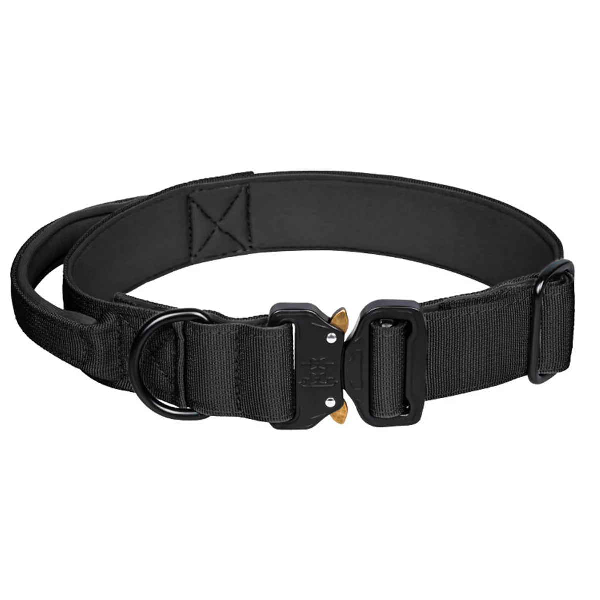 Close-up profile of a heavy-duty military-grade tactical dog collar in Stealth Tactical Black, featuring a rugged integrated control handle and a quick-release zinc alloy metal buckle clasp.