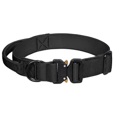 Close-up profile of a heavy-duty military-grade tactical dog collar in Stealth Tactical Black, featuring a rugged integrated control handle and a quick-release zinc alloy metal buckle clasp.