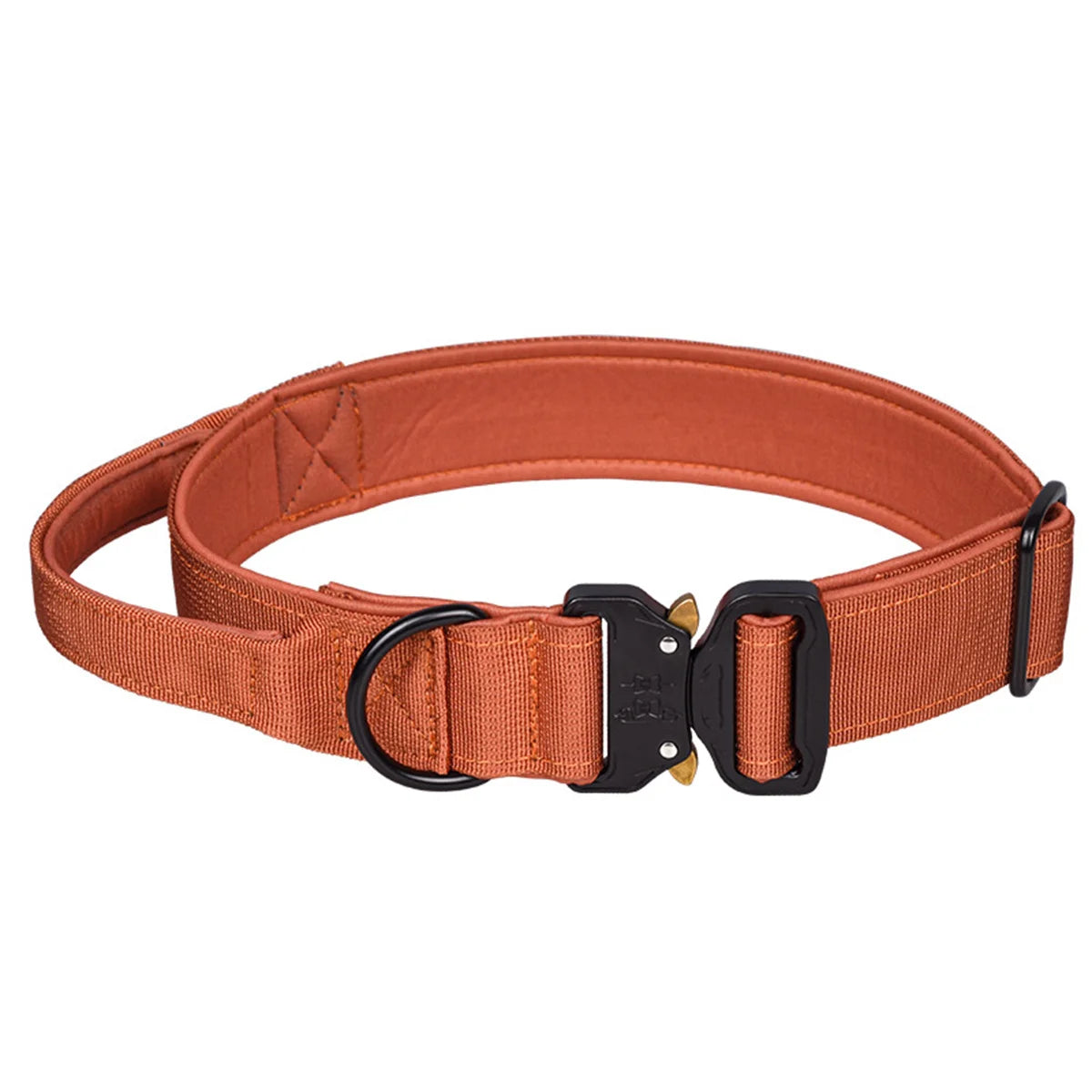 Rugged coyote brown military-style dog collar displaying the integrated structural grab handle for close-quarters traffic control and secure quick-release safety clip.