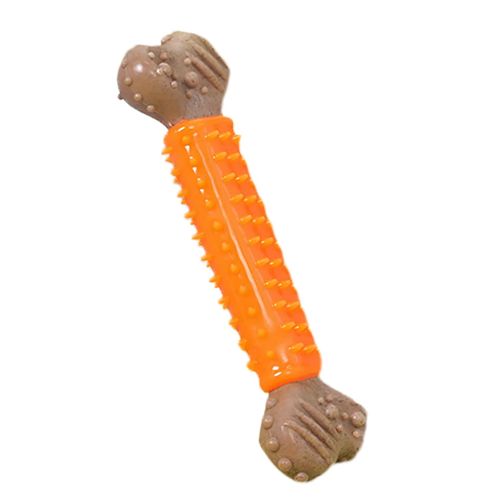 A heavy-duty orange thick bone-shaped TPR and PP resin dog chew stick displaying its durable, texturized surface built for puppy dental care.