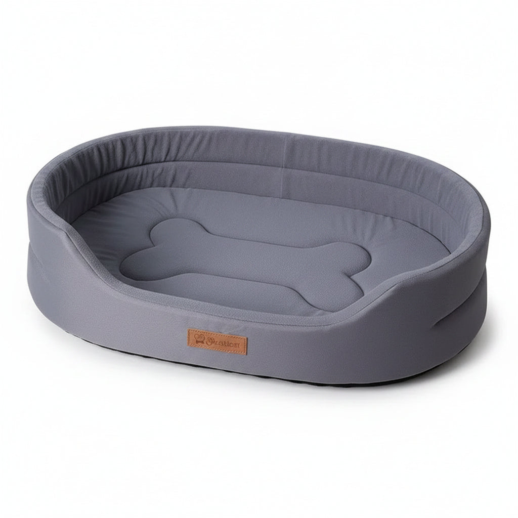 Iron Slate gray tufted oval dog sofa bed showing the high-density fabric and raised support walls.