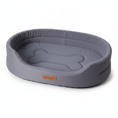 Iron Slate gray tufted oval dog sofa bed showing the high-density fabric and raised support walls.