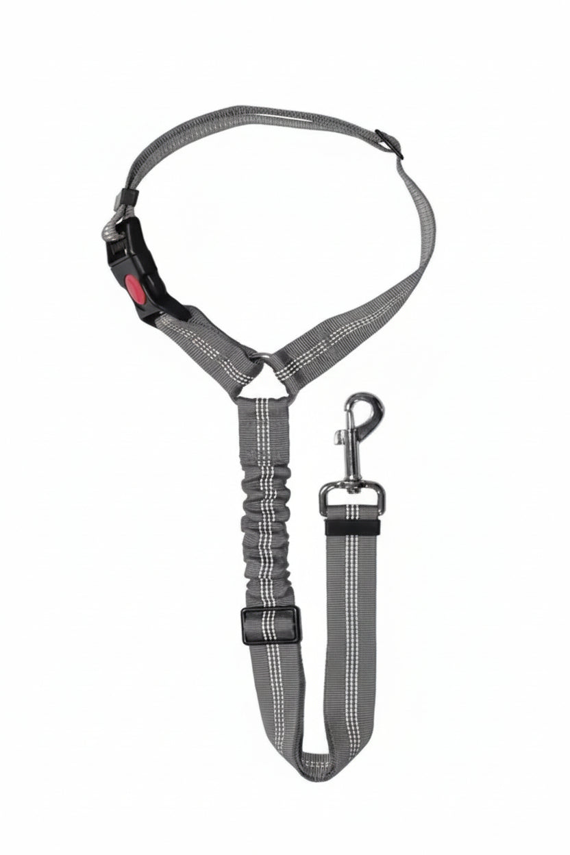 Grey adjustable pet car seat belt with elastic bungee, metal swivel clasp, and secure buckle for dogs and cats.