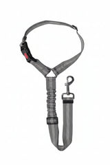Grey adjustable pet car seat belt with elastic bungee, metal swivel clasp, and secure buckle for dogs and cats.