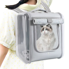 Grey large ventilated pet backpack carrier with transparent side panel and mesh window for cats and small dogs – front view