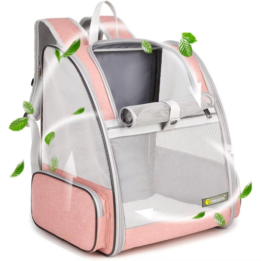 Pink ventilated pet hiking backpack with 360° mesh panels for cats and small dogs