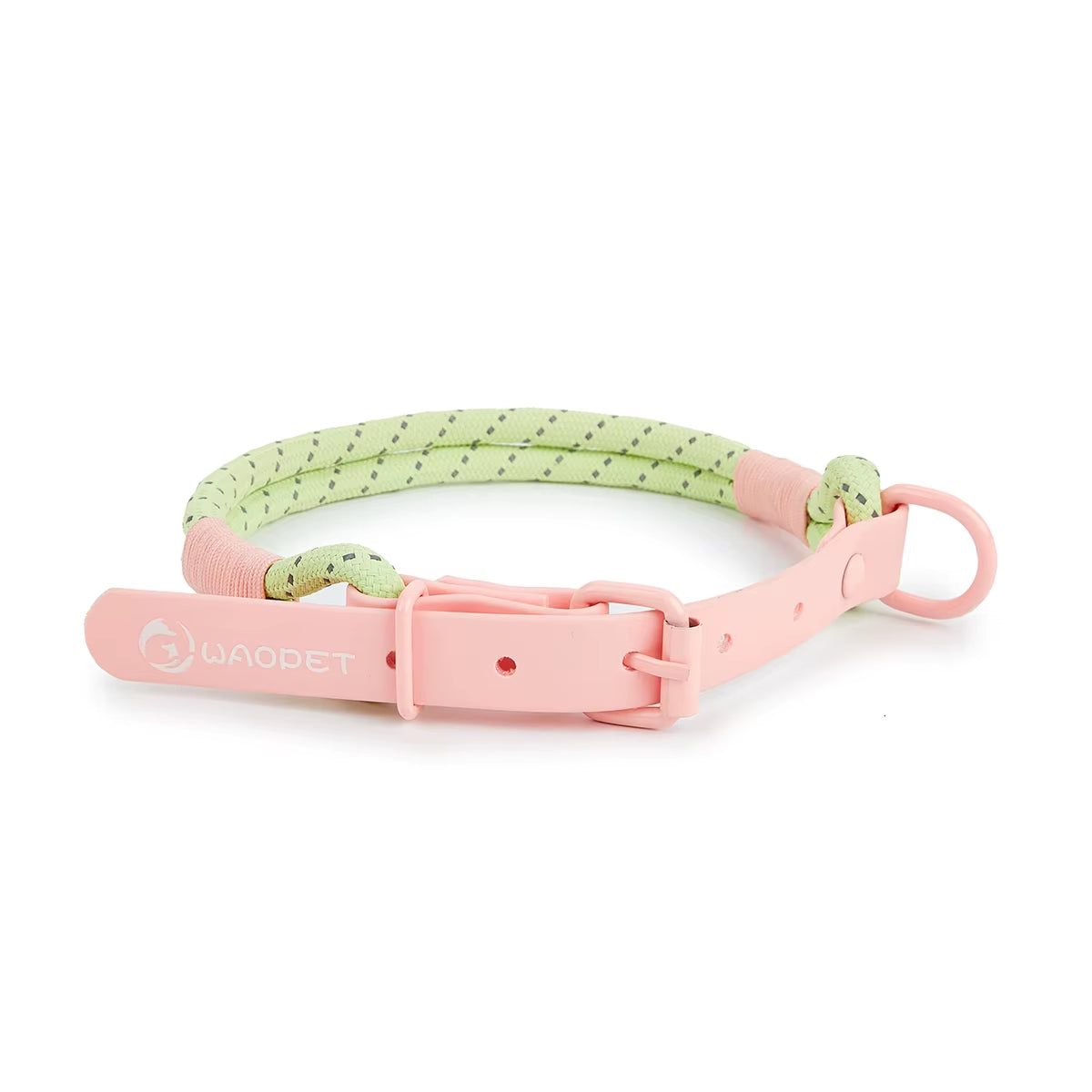 Pastel pink waterproof Biothane dog collar featuring mint green reflective nylon rope inserts and matching hardware.