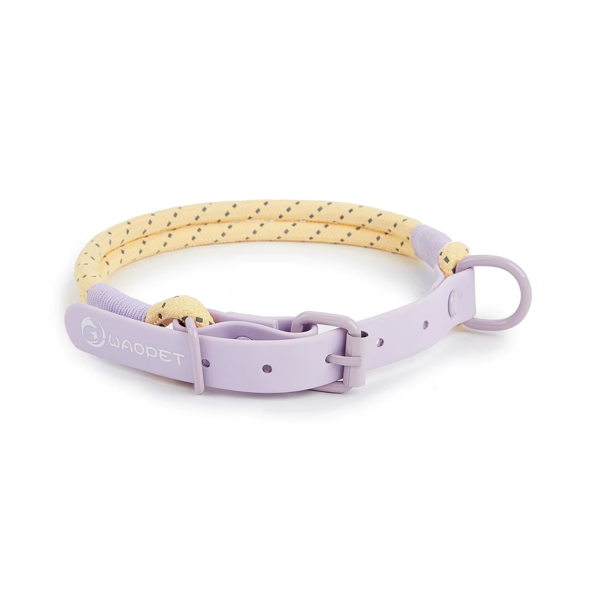 Purple waterproof PVC Biothane dog collar with pastel yellow reflective nylon rope trim and matching matte buckle.