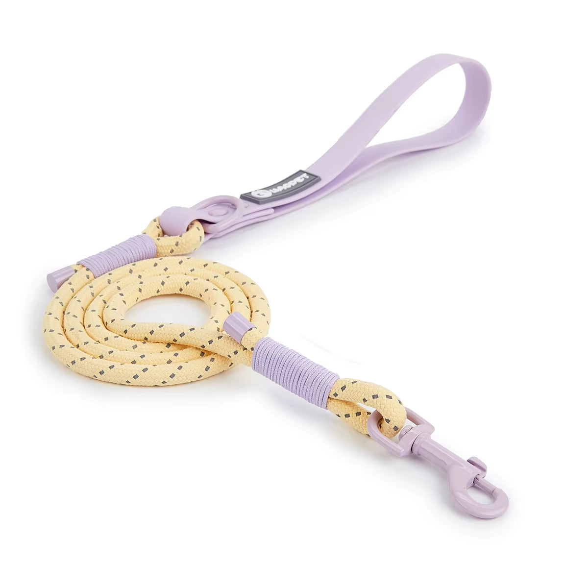 Soft purple Biothane handle dog leash with heavy-duty pastel yellow reflective climbing rope and a 360-degree swivel clip.
