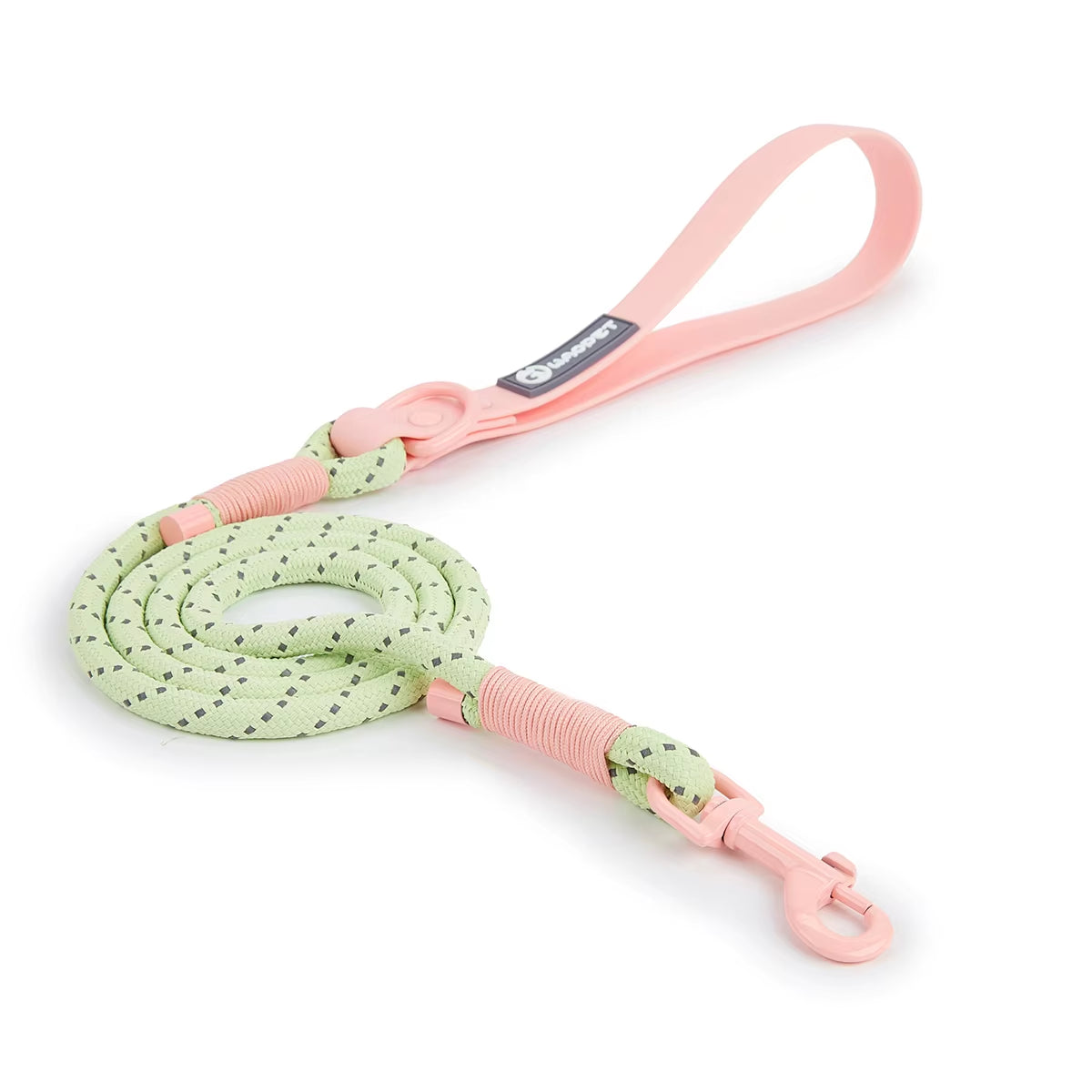 Vibrant pink Biothane loop handle dog walking leash paired with a mint green reflective nylon rope and pink rust-resistant snap hook.