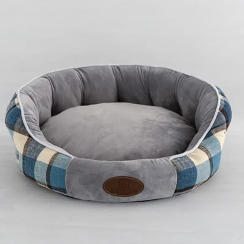 Arctic Sky Blue plaid pet bed featuring an ergonomic high-back design and soft cushioned center for winter warmth.