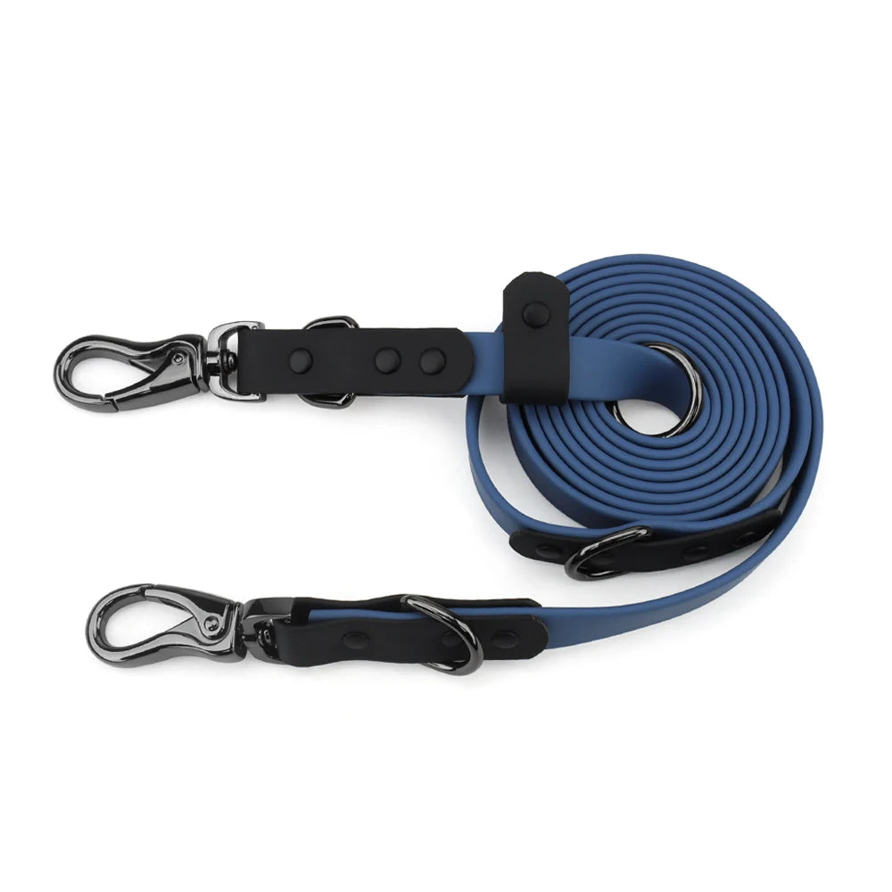 Blue waterproof adjustable dog leash with two swivel hooks and durable hardware for medium and large dogs.