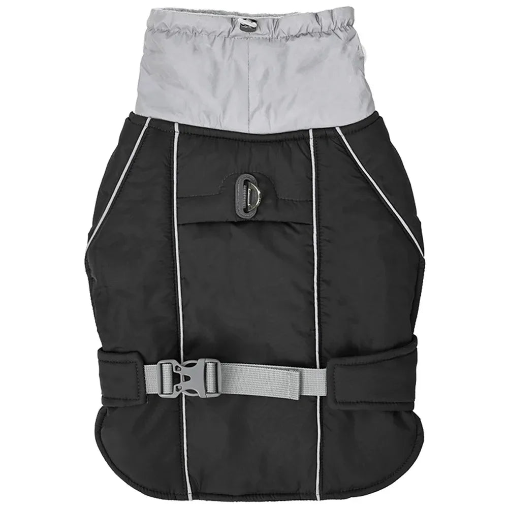 Midnight Onyx black winter dog safety vest featuring high-visibility reflective strips