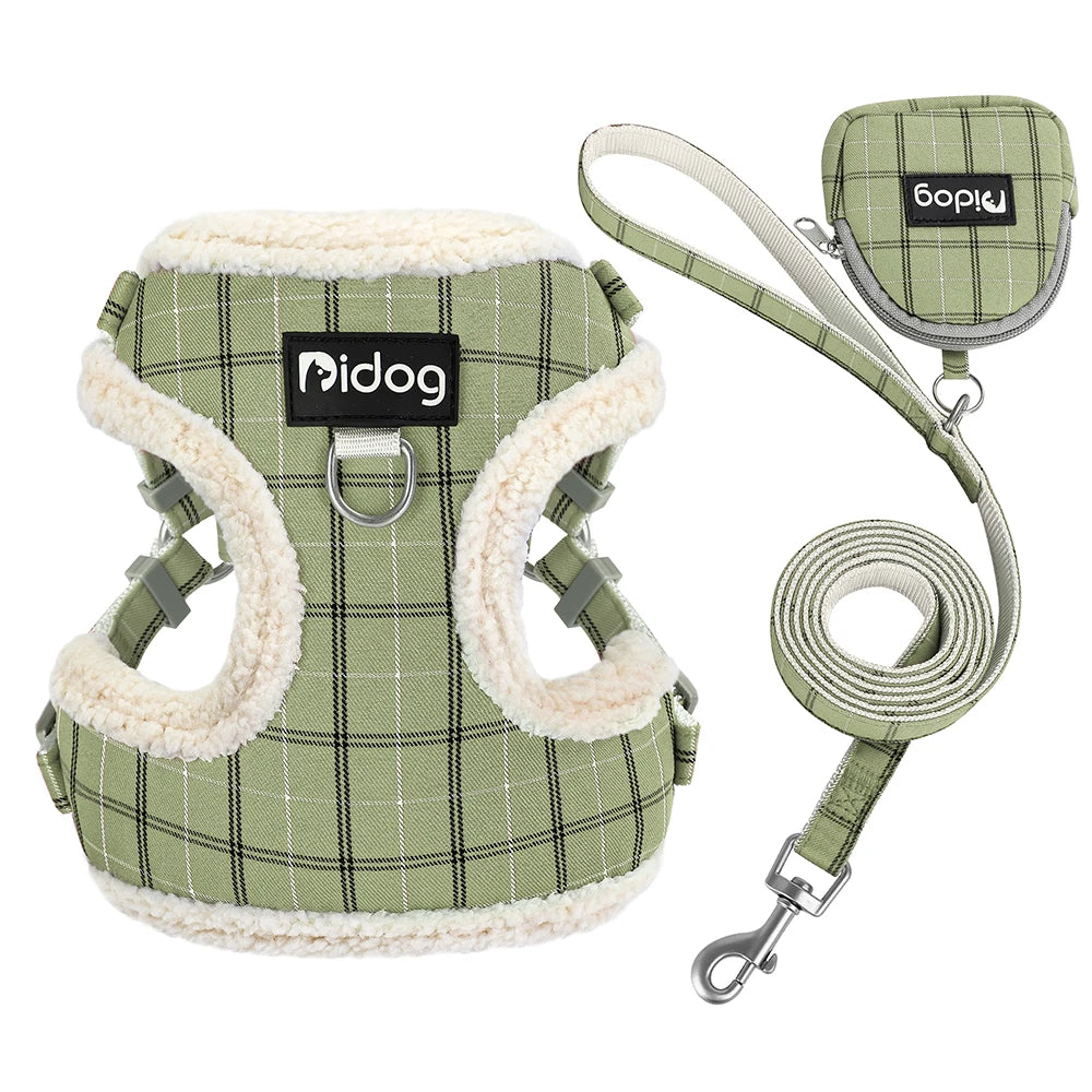 Multiple colors of the winter plush dog harness including Ruby Crimson, Urban Charcoal, and Fresh Emerald.