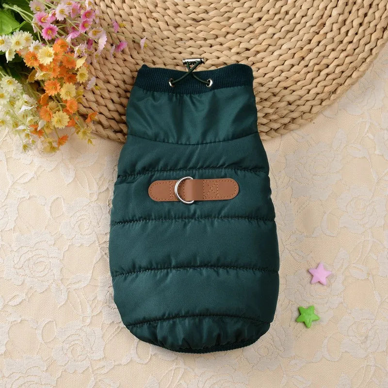 Forest Green windproof insulated dog coat featuring a step-in design and reflective safety strips