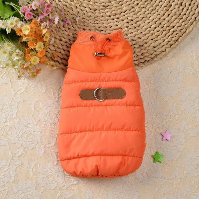 Sunset Orange waterproof padded dog jacket with integrated leash D-rings and back zipper