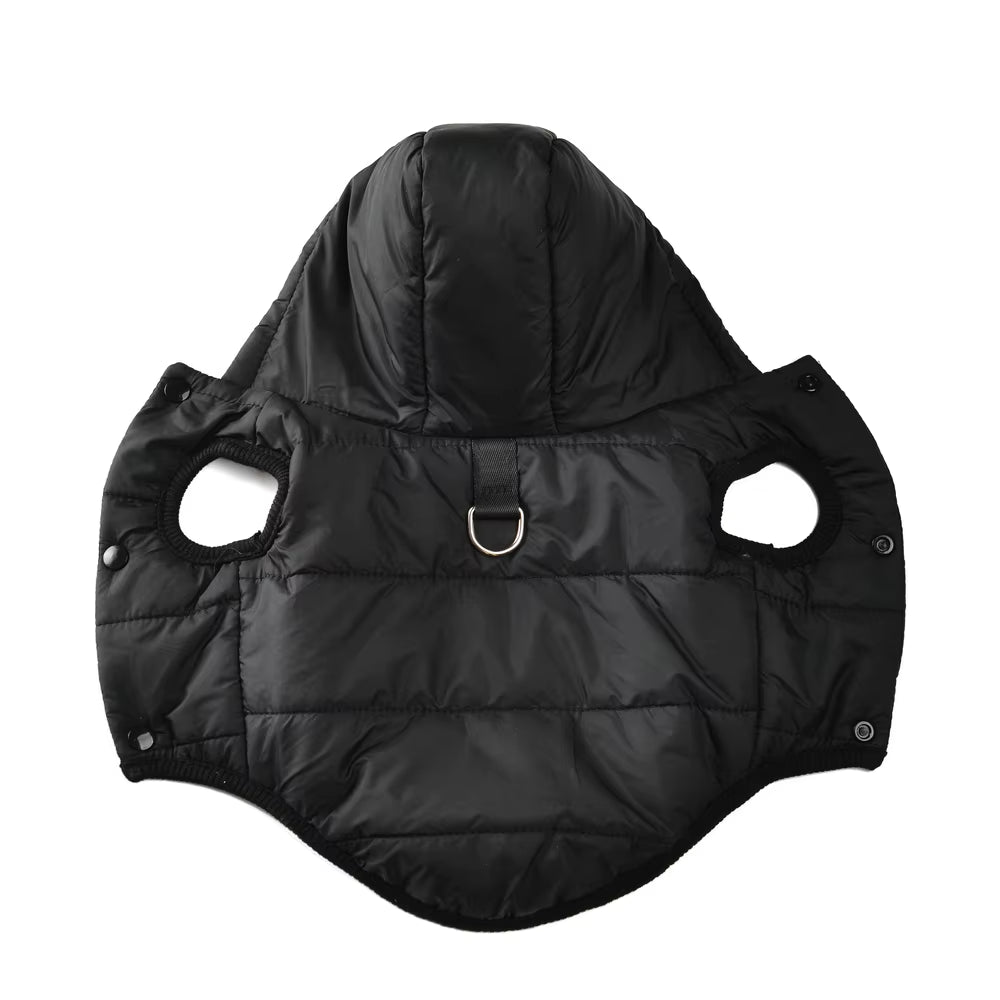 Midnight Onyx black windproof dog parka featuring a warm hood and leash attachment.