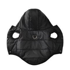 Midnight Onyx black windproof dog parka featuring a warm hood and leash attachment.