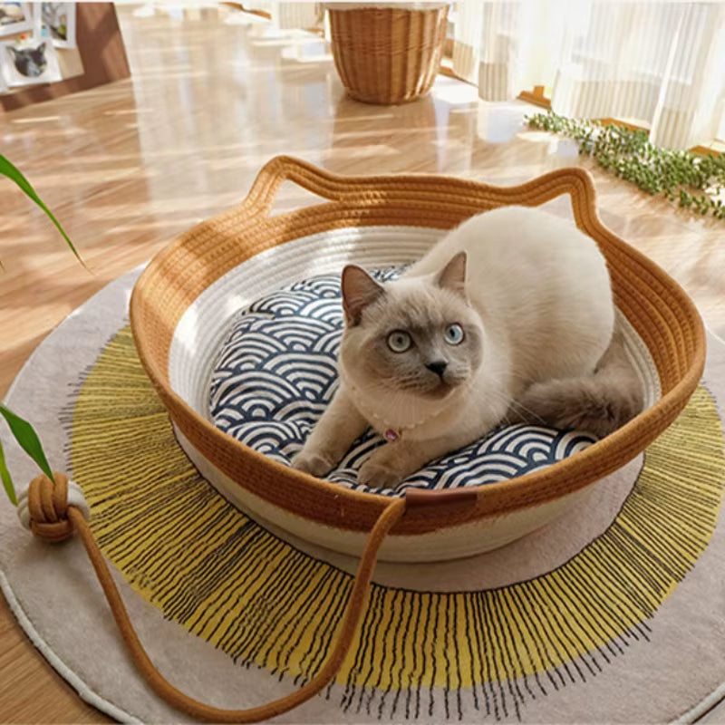 Four Seasons Cat Bed Woven Removable Upholstery Sleeping House Cat Scratch Floor Rattan Washable Cats Pet Products Accessories