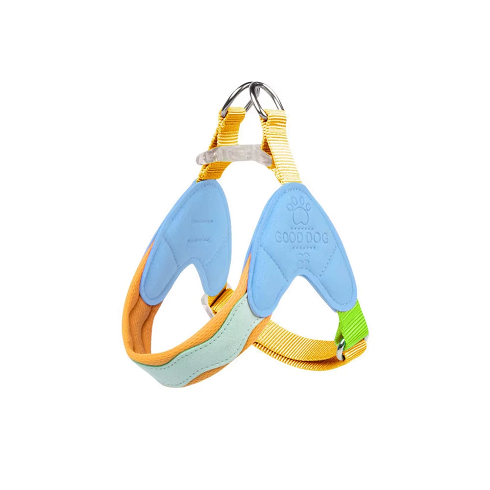 Y-shaped macaron color dog harness in green, blue, and purple with padded “Good Dog” chest panel, adjustable straps, and metal leash ring for small dogs.